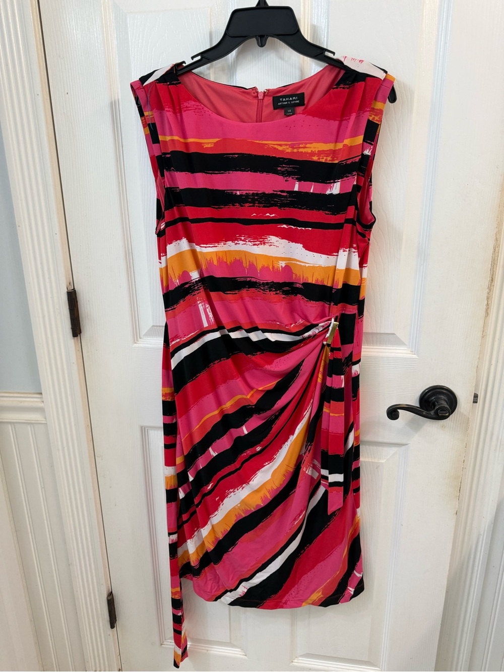 Tahari ASL Pink, Black & Gold Striped Midi Sheath Dress